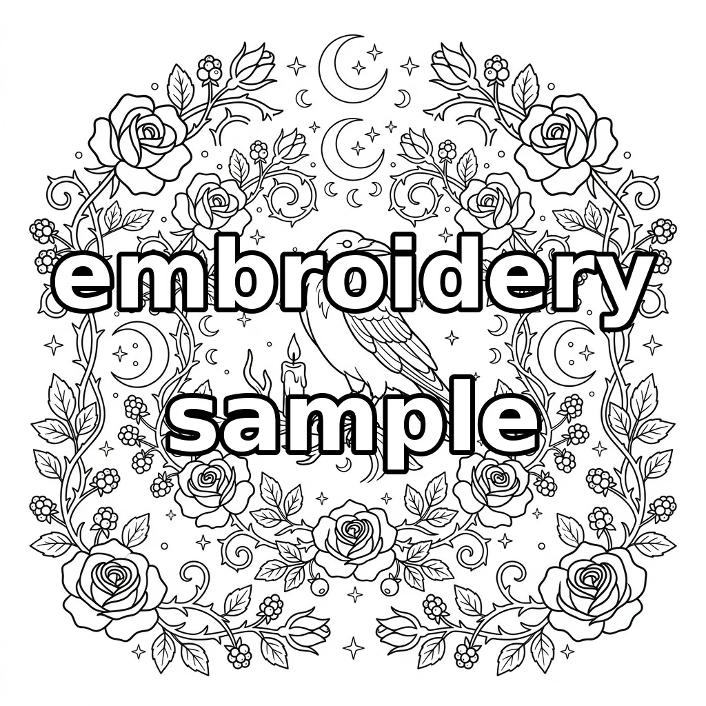Watermarked Moonlit Crow Candle Burgundy Rose Wreath embroidery outline