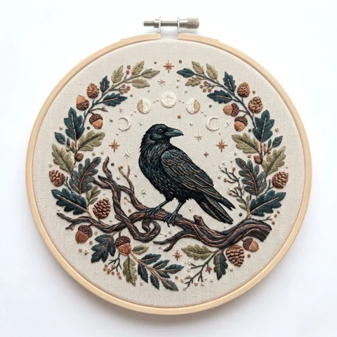 Moonlit Crow Oak Wreath Twisted Branch hand embroidery design
