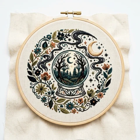 Moonlit Forest Crystal Ball hand embroidery design
