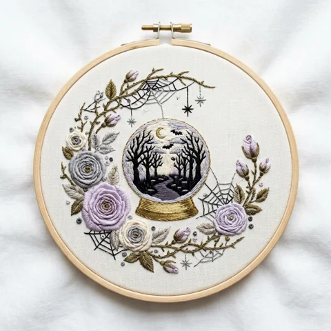 Moonlit Forest Crystal Ball with Lavender Roses Spiderwebs hand embroidery design