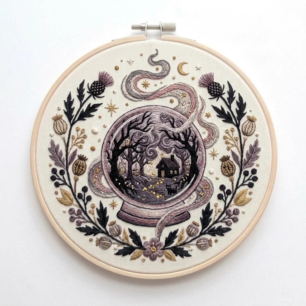 Moonlit Forest Crystal Ball with Owls Black Cat and Botanical Wreath colored hand embroidery design