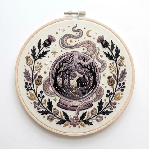 Moonlit Forest Crystal Ball with Owls Black Cat and Botanical Wreath hand embroidery design