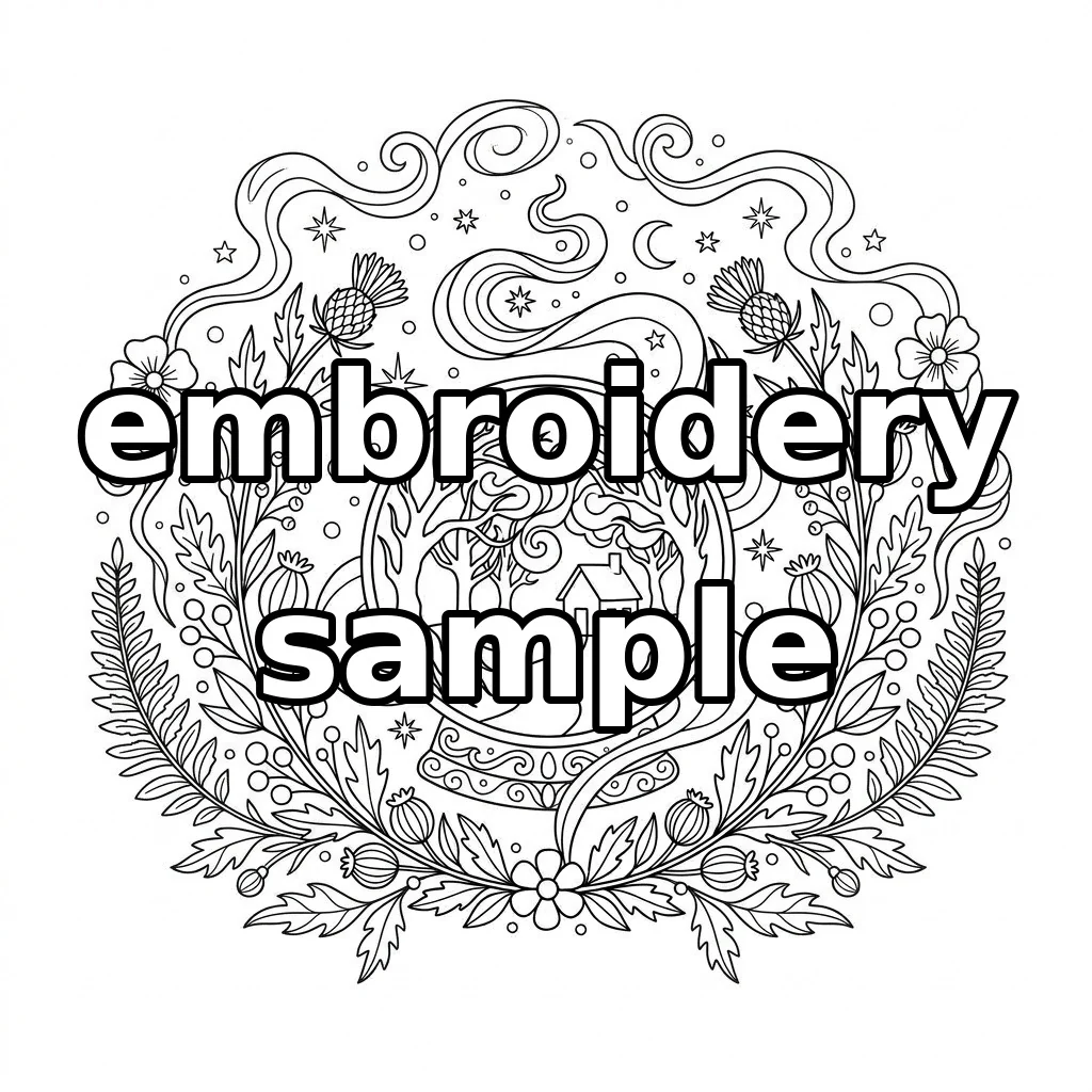 Watermarked Moonlit Forest Crystal Ball with Owls Black Cat and Botanical Wreath embroidery outline