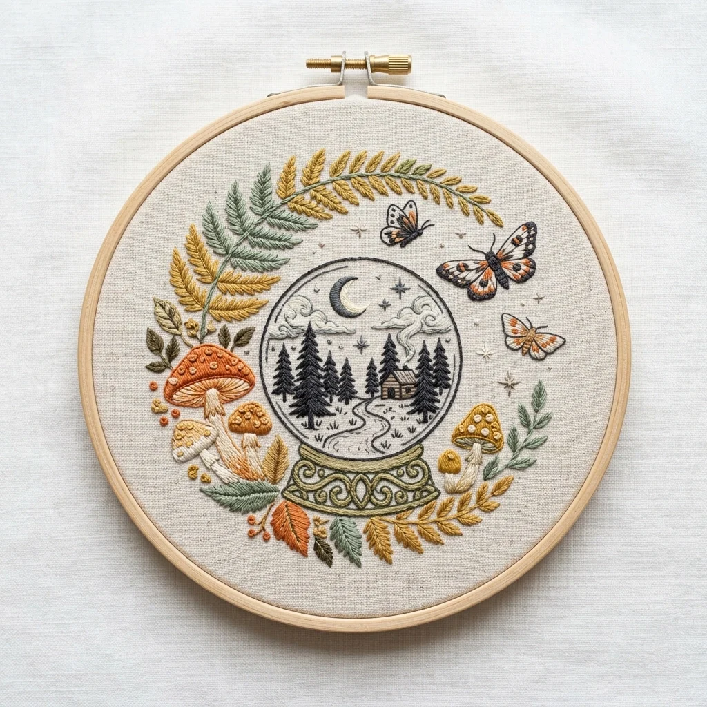 Moonlit Forest Globe Butterflies Autumn Ferns colored hand embroidery design
