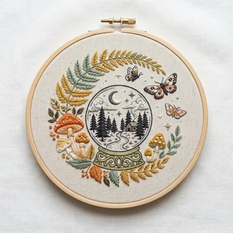 Moonlit Forest Globe Butterflies Autumn Ferns hand embroidery design