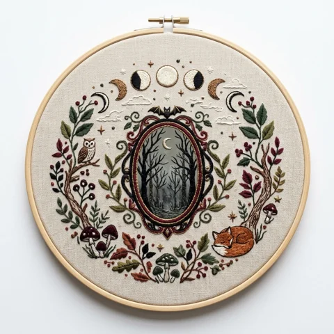 Moonlit Forest Mirror with Owl Sleeping Fox Mushrooms and Moon Phase hand embroidery design