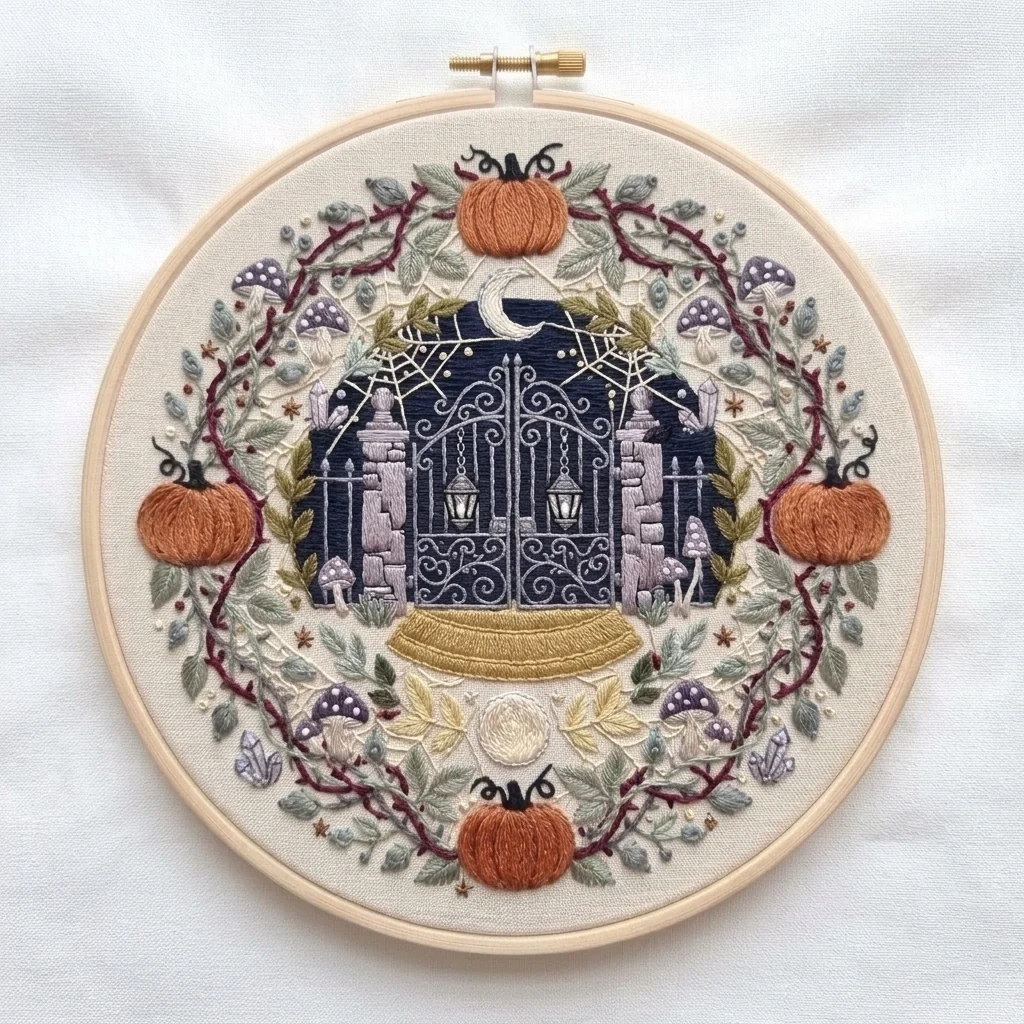 Moonlit Garden Gate with Pumpkins Mushrooms colored hand embroidery design