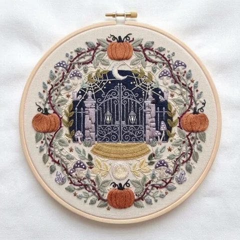Moonlit Garden Gate with Pumpkins Mushrooms hand embroidery design