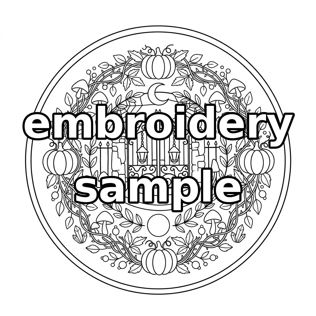Watermarked Moonlit Garden Gate with Pumpkins Mushrooms embroidery outline
