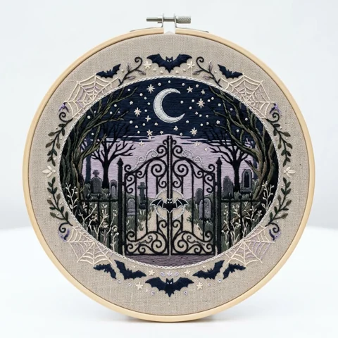 Moonlit Gothic Cemetery Gate with Crescent Moon Bats Spiderwebs hand embroidery design