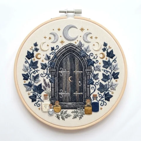 Moonlit Gothic Door with Ivy Crescents and Potion Bottles hand embroidery design