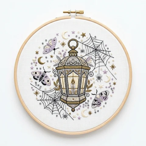 Moonlit Gothic Lantern with Moths Spiderwebs and Celestial Accents hand embroidery design
