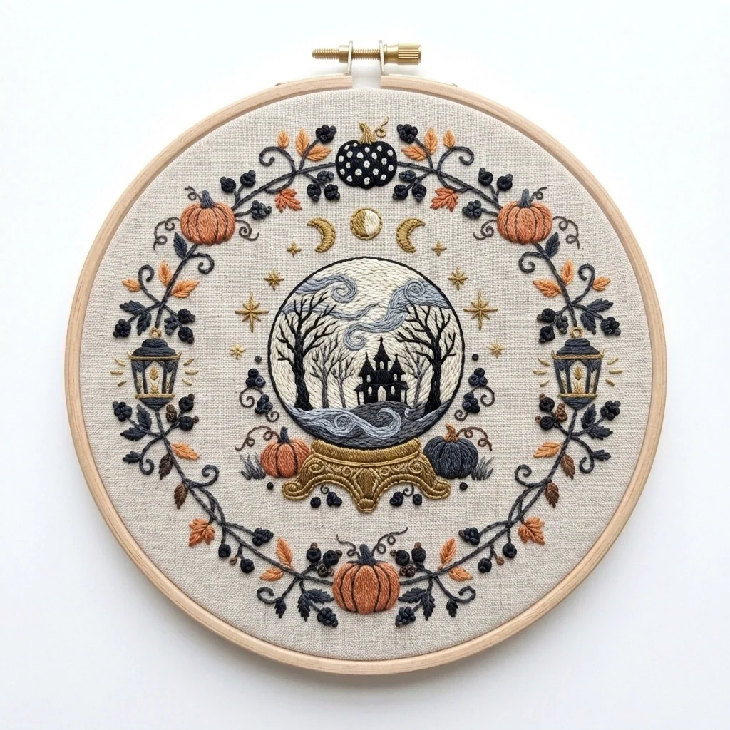 Moonlit Haunted House colored hand embroidery design