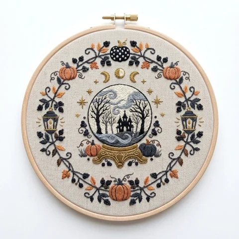 Moonlit Haunted House hand embroidery design