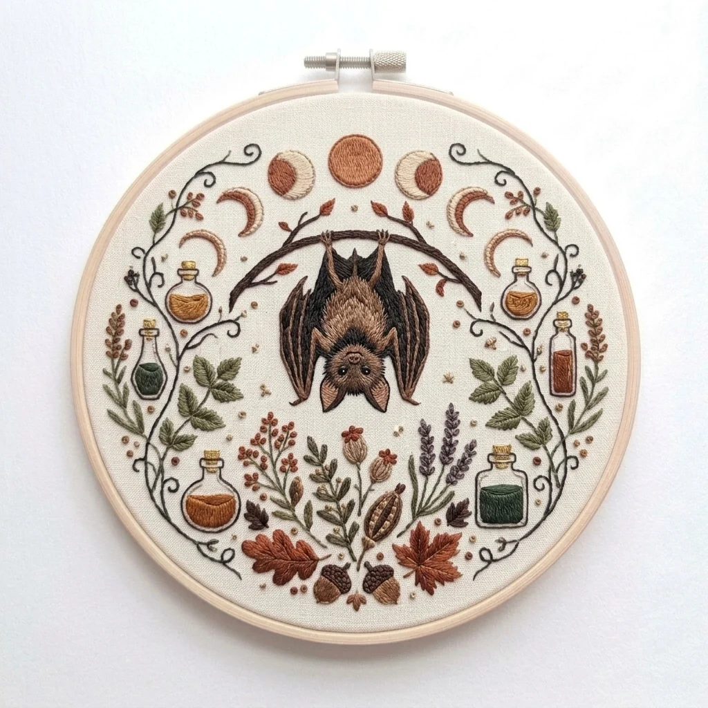 Moonlit Herbal Bat Apothecary Wreath colored hand embroidery design