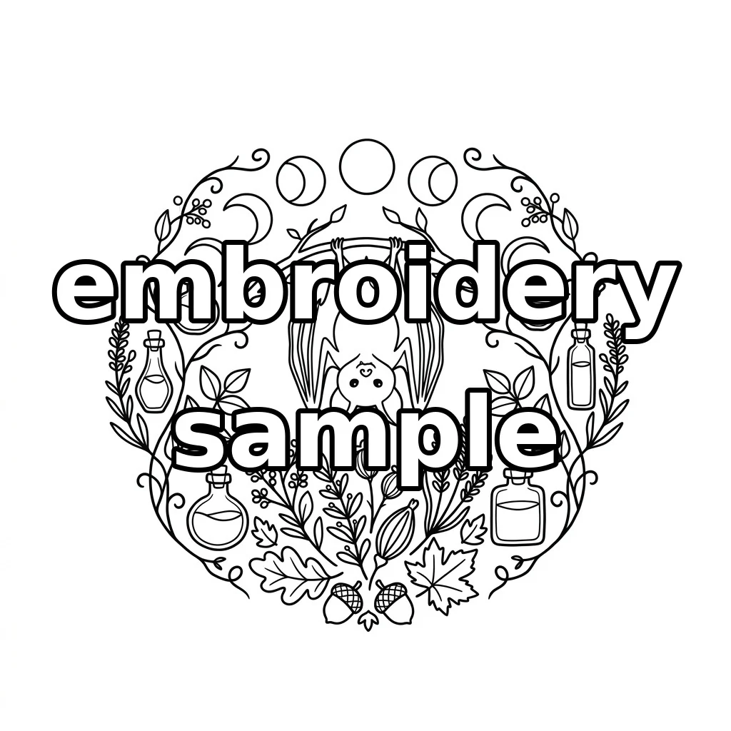 Watermarked Moonlit Herbal Bat Apothecary Wreath embroidery outline