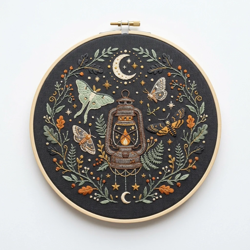 Moonlit Lantern with Moths Bee and Botanical Wreath colored hand embroidery design