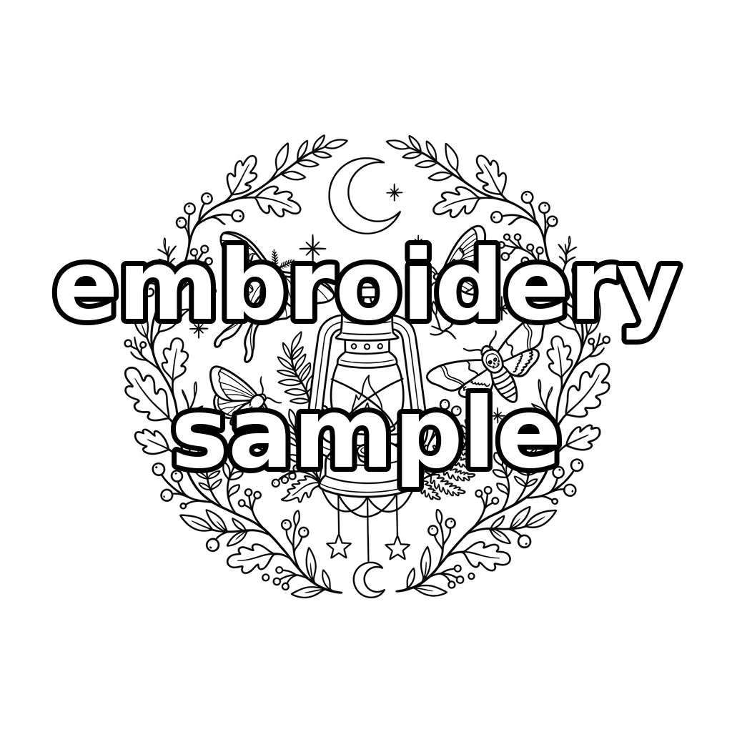 Watermarked Moonlit Lantern with Moths Bee and Botanical Wreath embroidery outline