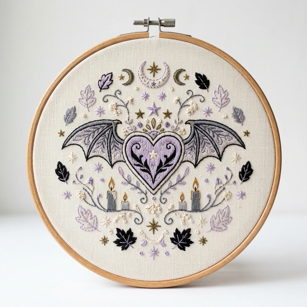 Lavender Bat Heart and Candle Garden colored hand embroidery design