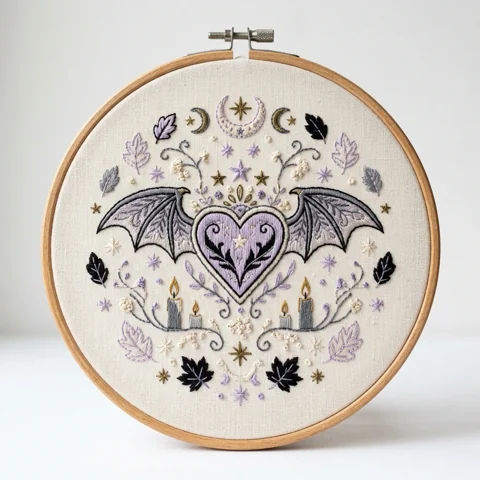 Lavender Bat Heart and Candle Garden hand embroidery design