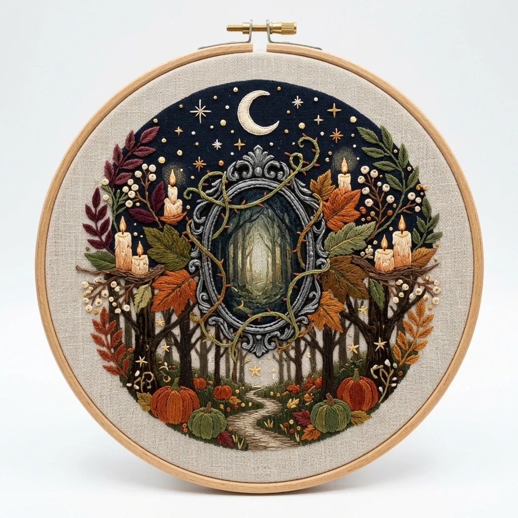Moonlit Mirror Forest Candles Autumn Wreath colored hand embroidery design