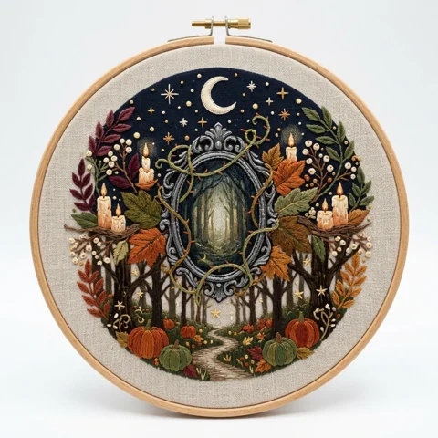 Moonlit Mirror Forest Candles Autumn Wreath hand embroidery design