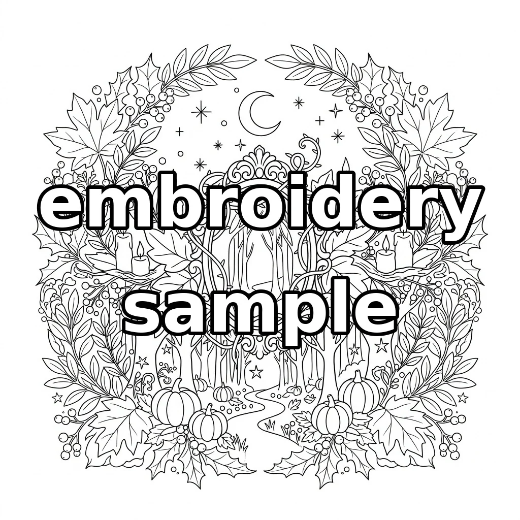 Watermarked Moonlit Mirror Forest Candles Autumn Wreath embroidery outline