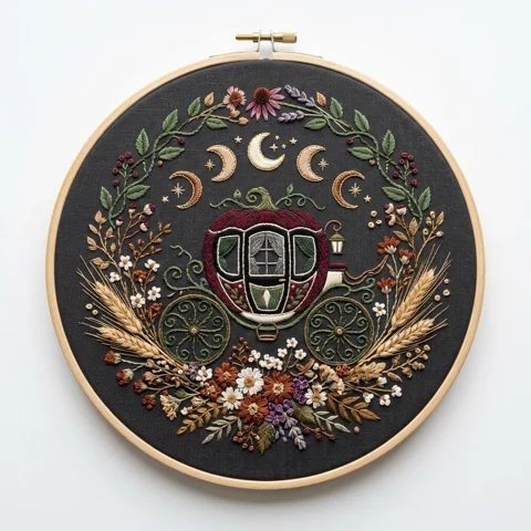 Moonlit Pumpkin Carriage Autumn Botanical Wreath hand embroidery design