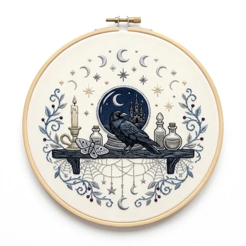 Moonlit Raven with Castle Potions Moth and Spiderweb Botanicals hand embroidery design