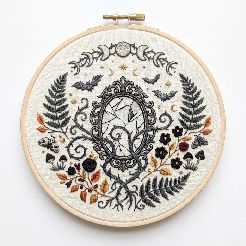 Moonlit Thorn Mirror Woodland Florals colored hand embroidery design