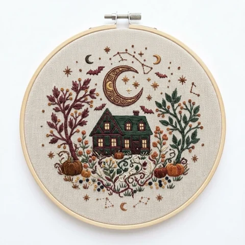 Moonlit Tudor Cottage Pumpkins Celestial Garden hand embroidery design