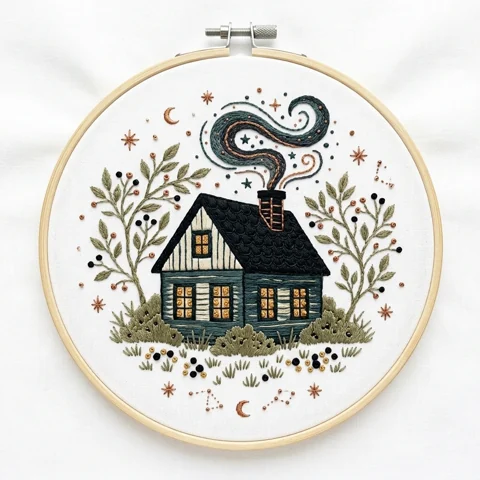 Moonlit Woodland Cottage Celestial Wreath hand embroidery design