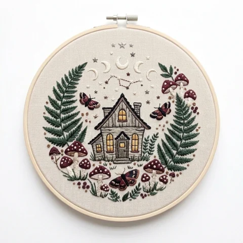 Moonlit Woodland Cottage Fern Garden hand embroidery design