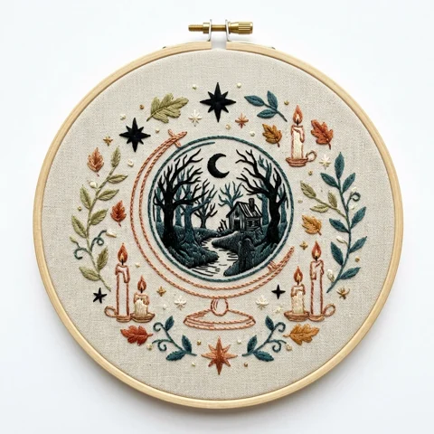Moonlit Woodland Crystal Ball Candles Autumn Botanicals hand embroidery design