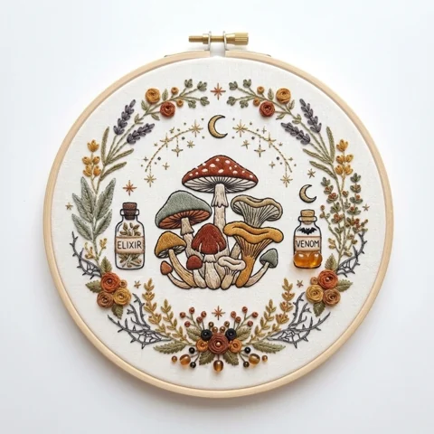 Mushroom Cluster with Elixir and Venom Bottles Crescent Moons hand embroidery design