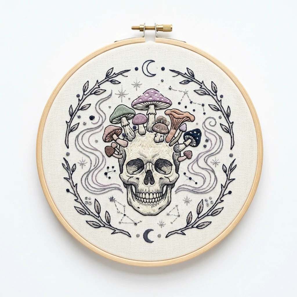 Mushroom Crowned Skull with Crescent Moons and Starry Branches colored hand embroidery design