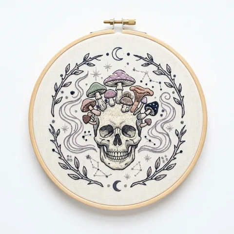 Mushroom Crowned Skull with Crescent Moons and Starry Branches hand embroidery design