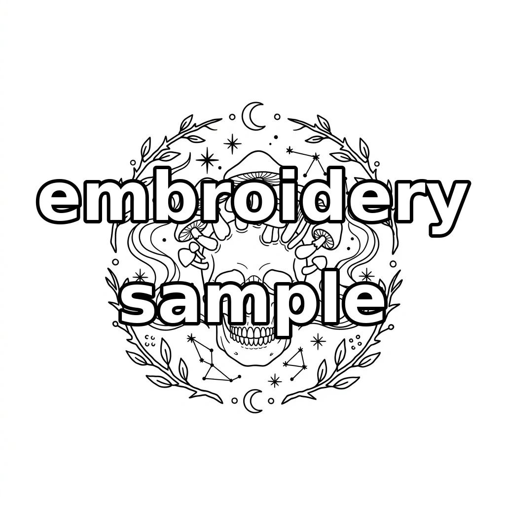 Watermarked Mushroom Crowned Skull with Crescent Moons and Starry Branches embroidery outline