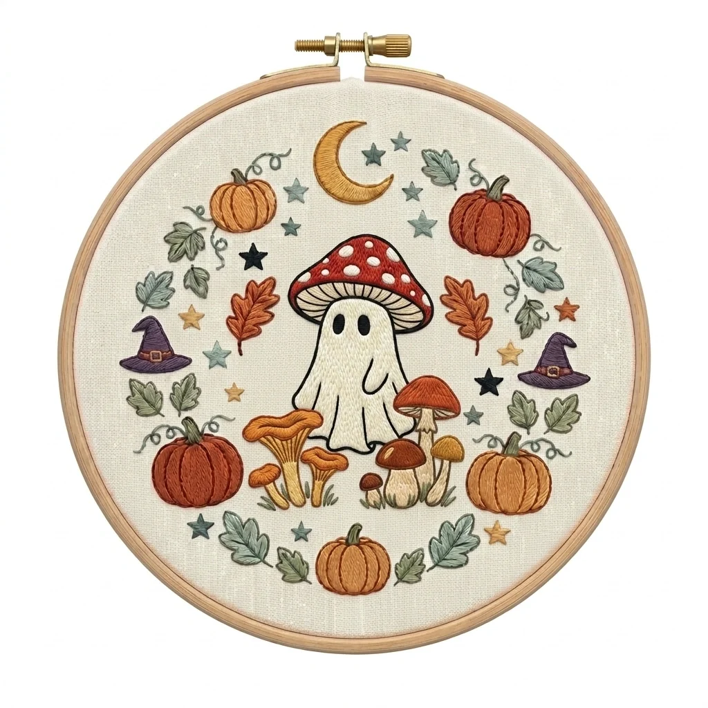 Mushroom Ghost Pumpkins Autumn Magic Wreath colored hand embroidery design