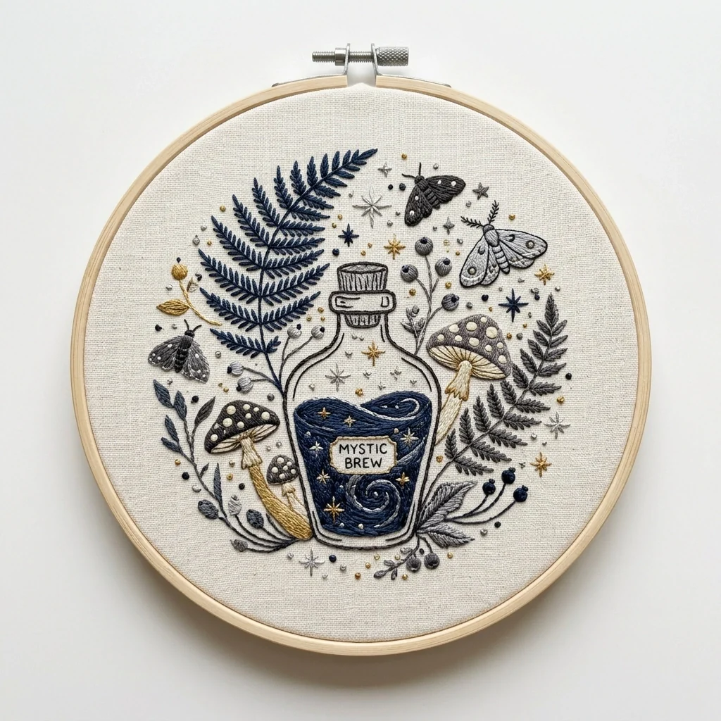 Mystic Brew Potion Bottle with Four Woodland Mushrooms Three Moths colored hand embroidery design