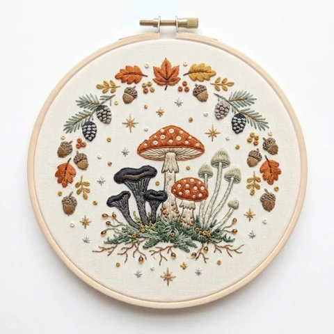 Nine Woodland Mushrooms with Acorns Pinecones Autumn Leaves hand embroidery design