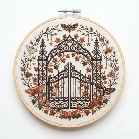 Ornate Garden Gate, Moths and Autumn Ivy hand embroidery design
