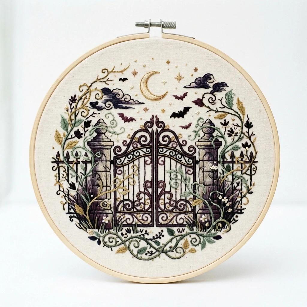 Ornate Gothic Gate Crescent Moon Bat Garden Wreath colored hand embroidery design