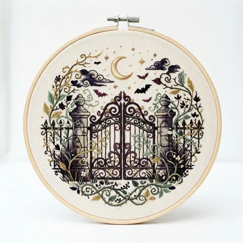 Ornate Gothic Gate Crescent Moon Bat Garden Wreath hand embroidery design