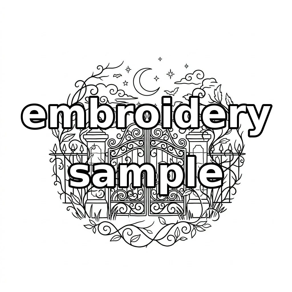 Watermarked Ornate Gothic Gate Crescent Moon Bat Garden Wreath embroidery outline
