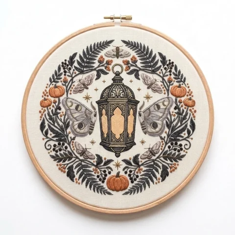 Ornate Lantern Luna Moths Autumn Wreath hand embroidery design