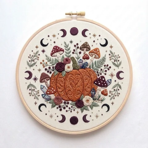 Ornate Orange Pumpkin with Roses Woodland Mushrooms Crystals and Moon hand embroidery design