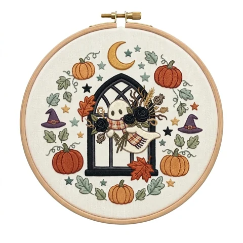 Plaid Scarf Ghost Gothic Window Autumn Pumpkin Wreath hand embroidery design