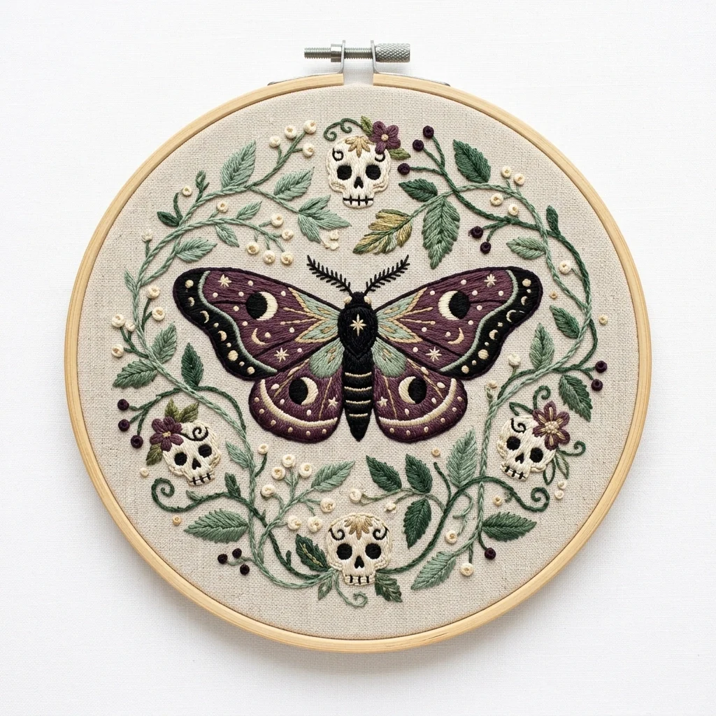 Plum Moth Skulls Wreath colored hand embroidery design