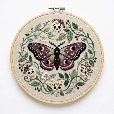 Plum Moth Skulls Wreath hand embroidery design